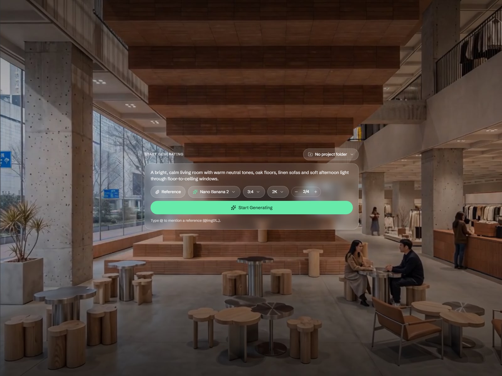 A generated commercial atrium — exposed concrete columns, deep timber soffit, retail units and seating