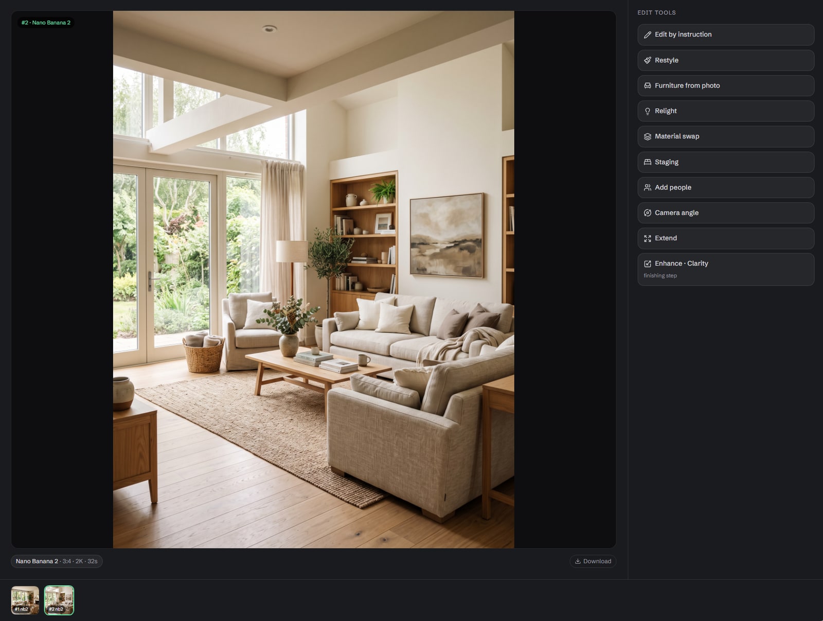 The Studio editing view — a chosen render with the Edit tools panel listing Edit by instruction, Restyle, Furniture from photo, Relight, Material swap, Staging, Add people, Camera angle, Extend and Enhance, and a strip of saved versions along the bottom