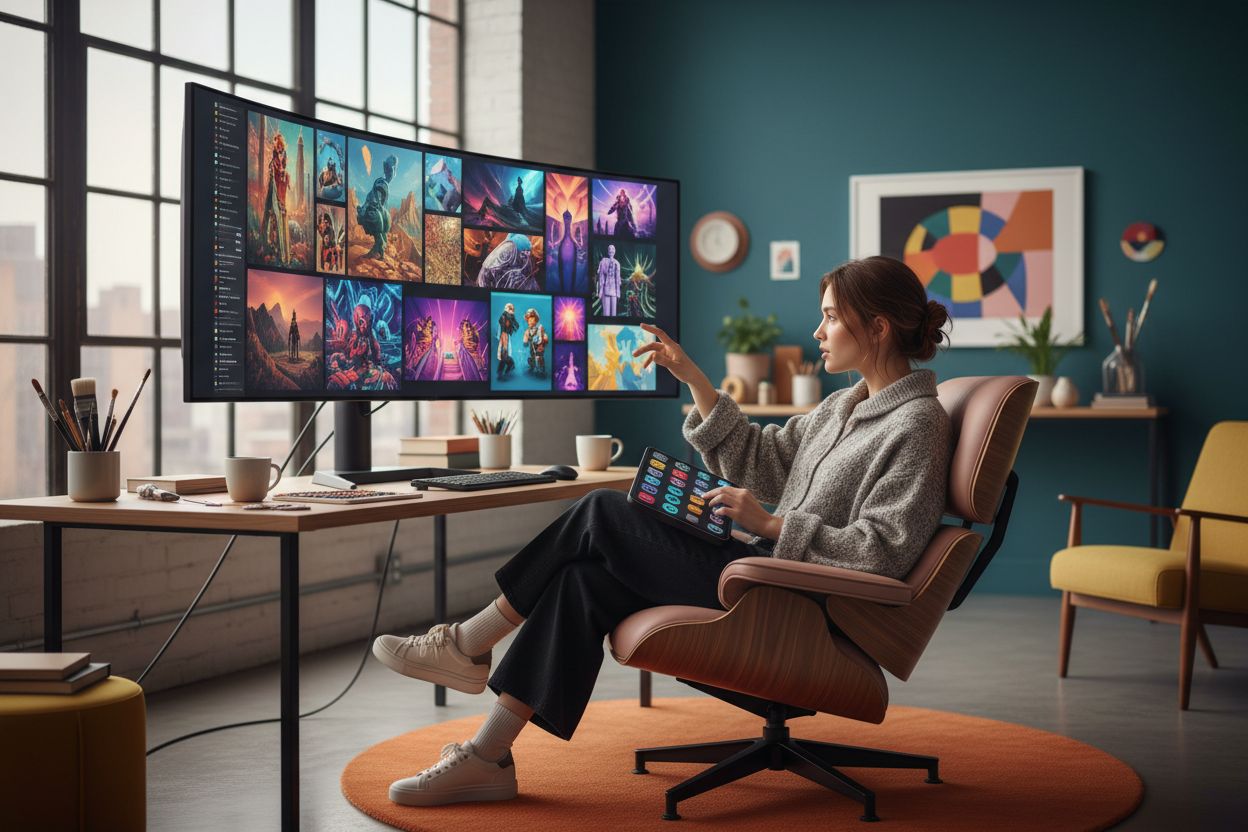 An art-directed workspace scene in Krea 2's distinctive stylised aesthetic
