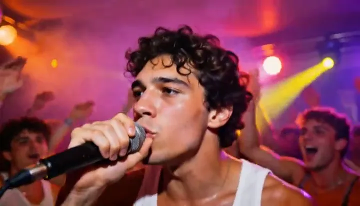 Singer performing into a microphone under disco lights