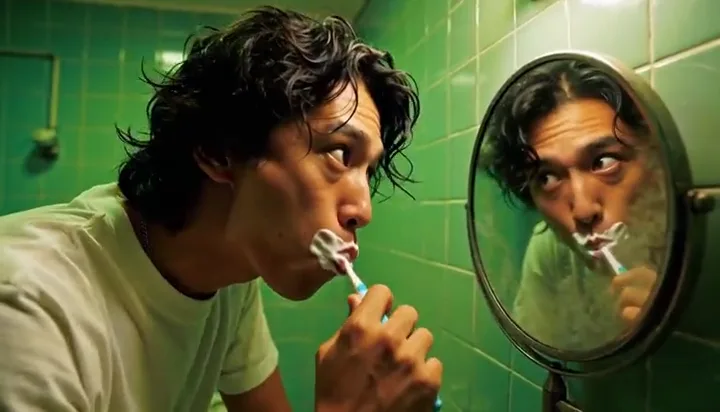 Man brushing his teeth in a green-tiled bathroom, watching his mirror reflection