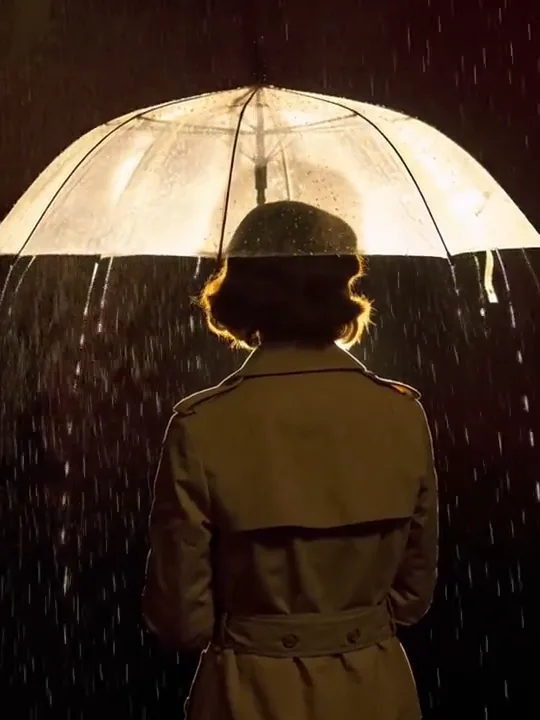 Person under a glowing transparent umbrella in the rain at night