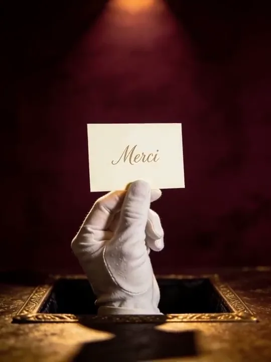 White-gloved hand holding a card reading Merci, rising from a floor hatch