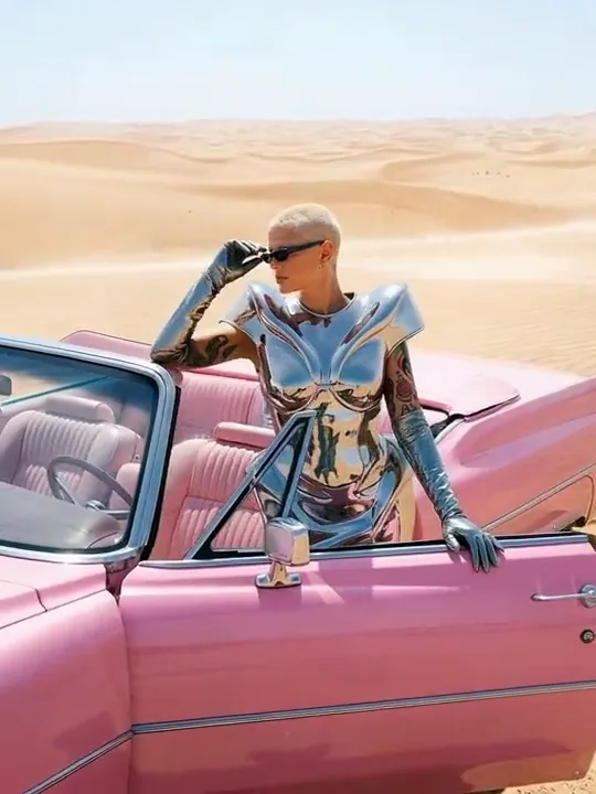 Figure in chrome armor leaning on a pink convertible in desert dunes