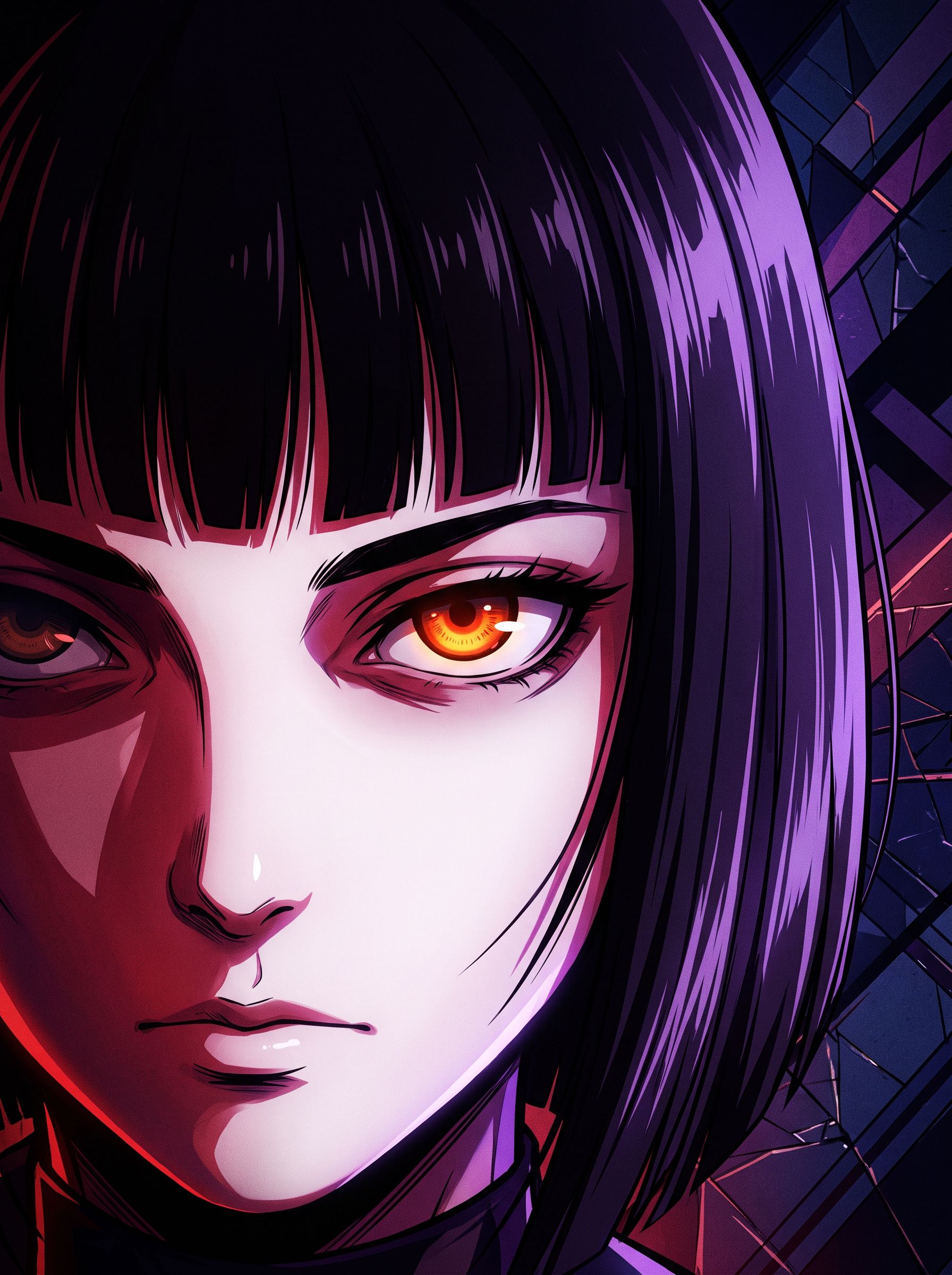 Anime girl close-up with a glowing amber eye