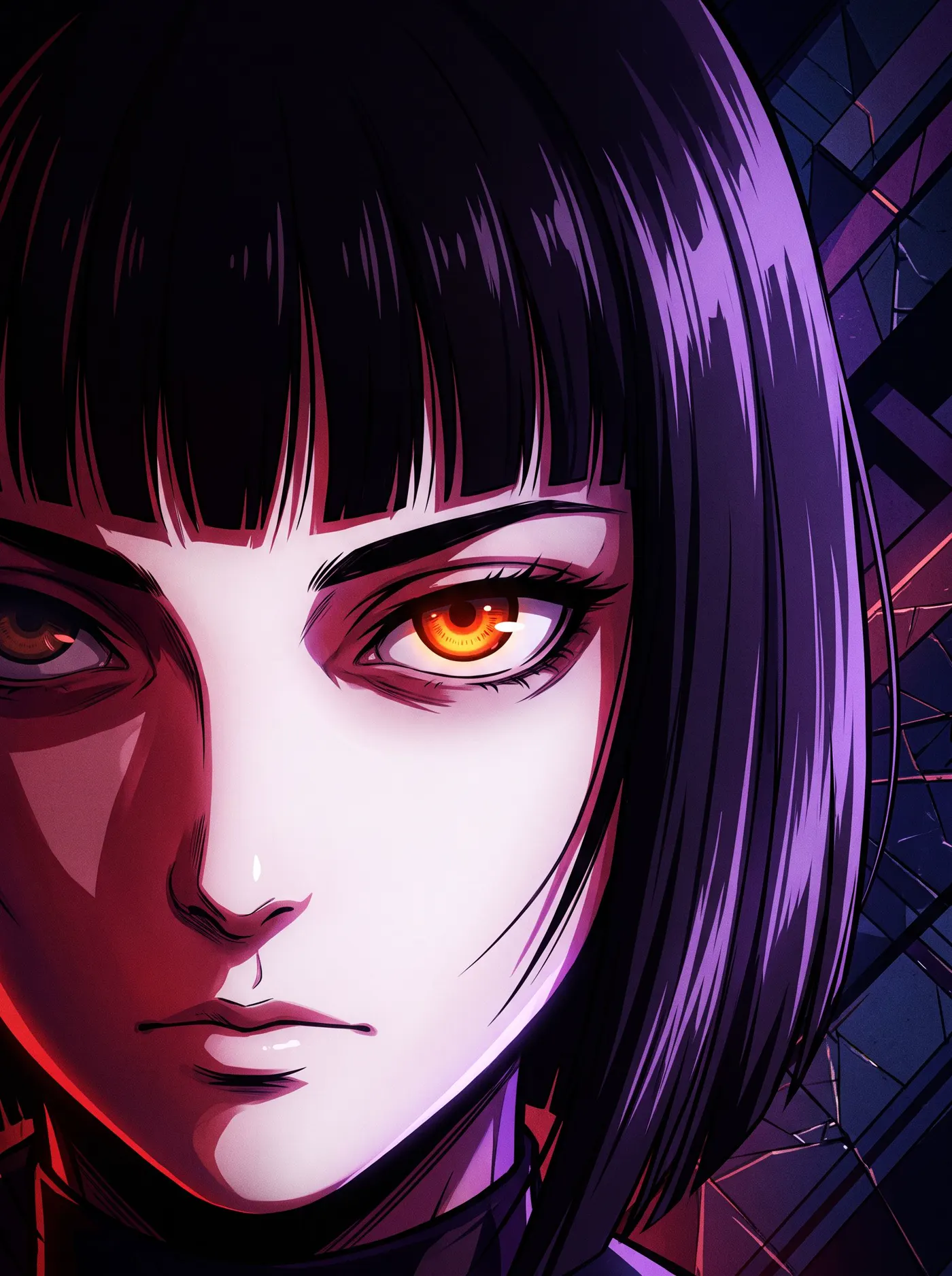 Close-up of an anime character with a glowing amber eye