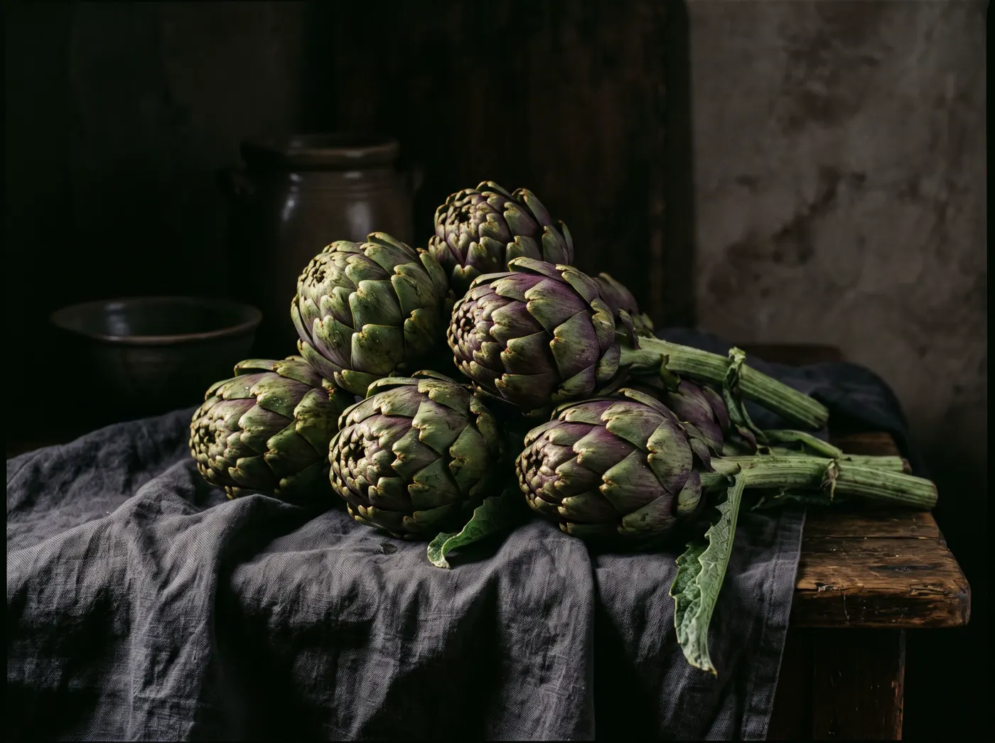 Dark chiaroscuro still life of artichokes