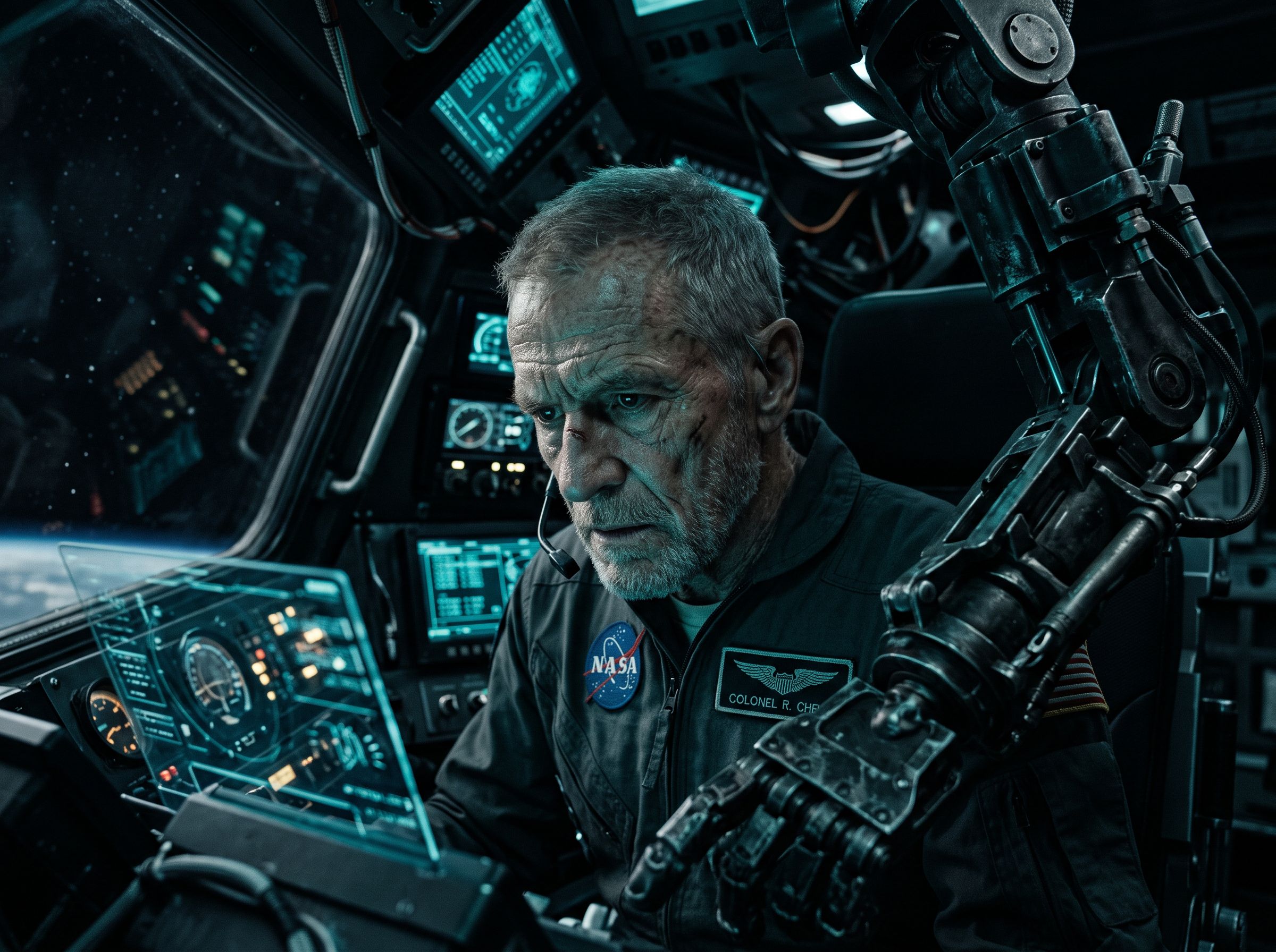 AI-generated elderly astronaut's face lit by teal cockpit glow