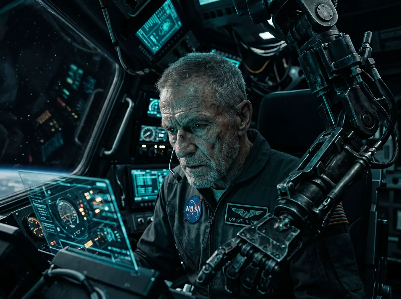 Elderly astronaut's face lit by teal cockpit glow