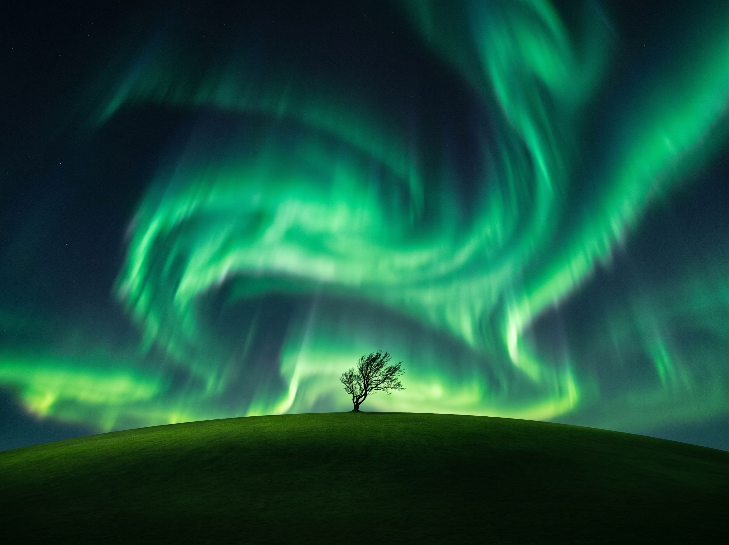 Lone tree on a green hill under an emerald aurora