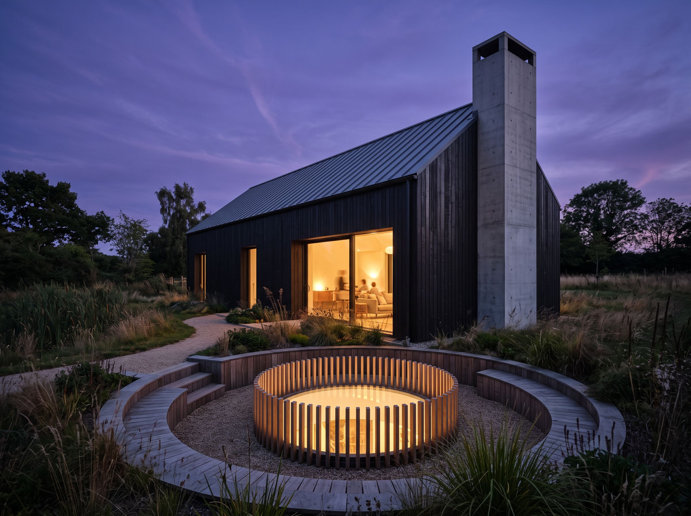 Modern barn house with concrete chimney at dusk