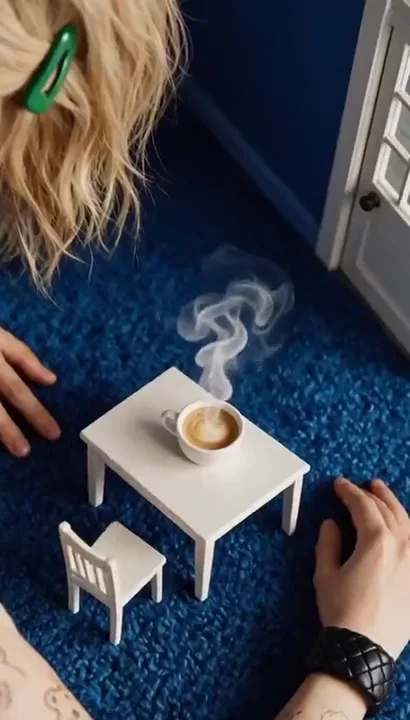 Giant woman crawling through an endless maze of tiny blue rooms with white doors