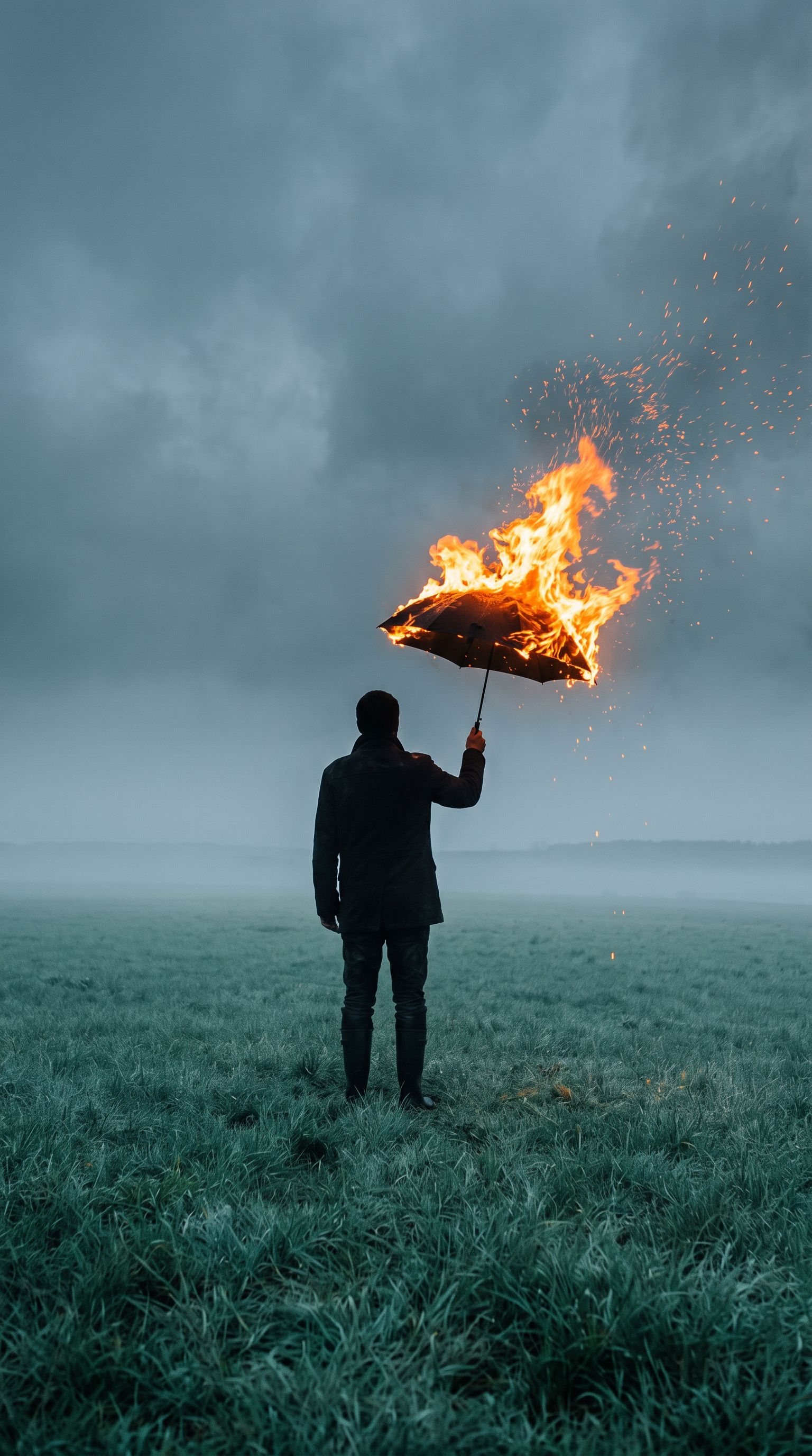 Silhouette holding a burning umbrella in a foggy teal field