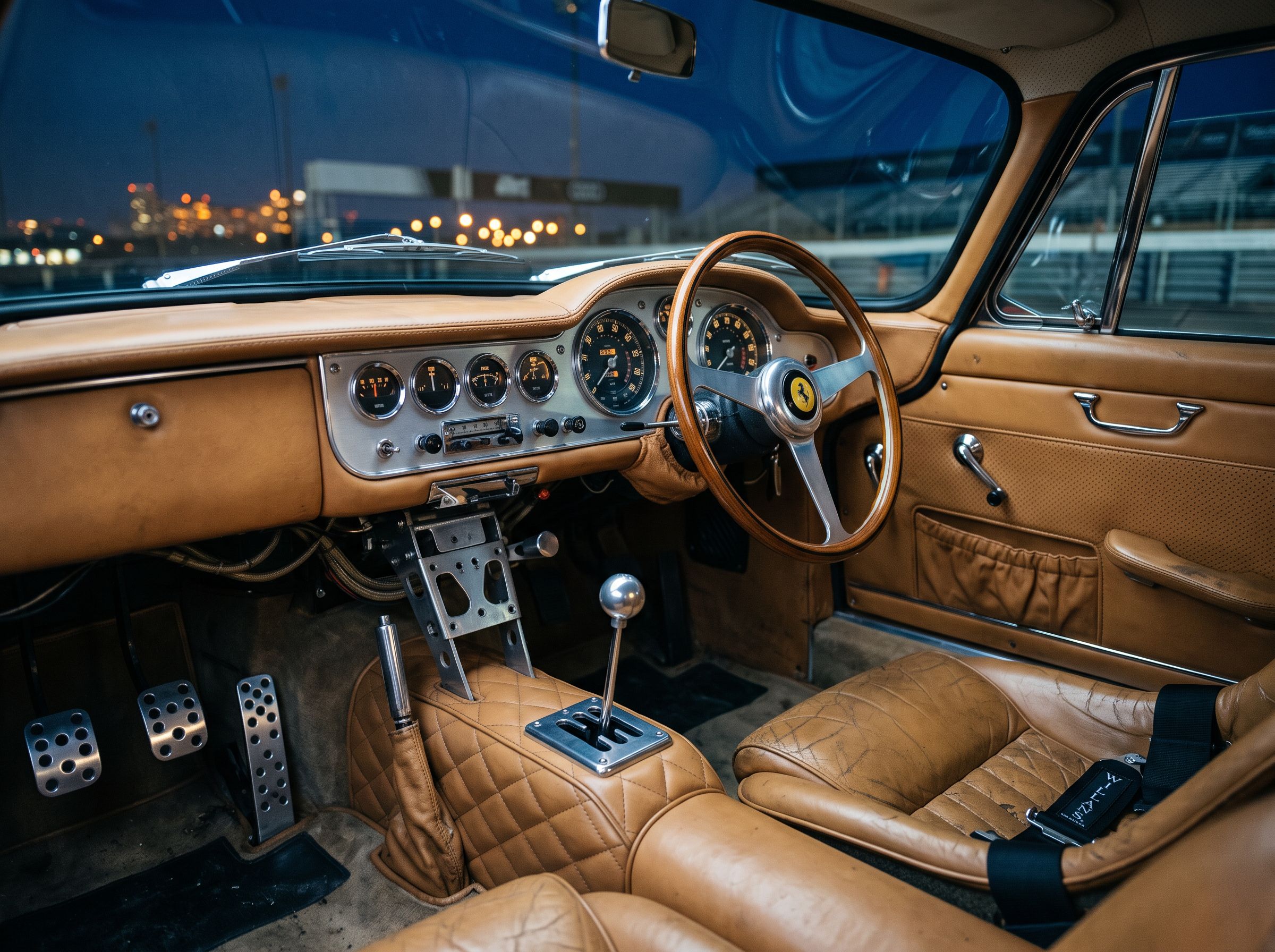Vintage racing car interior with tan leather dashboard and analog dials