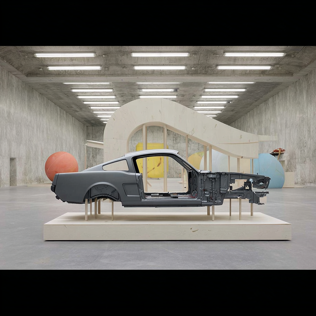 Classic car body shell exhibited as a sculpture in a concrete hall