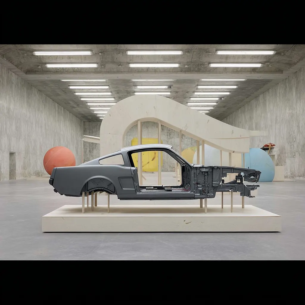 Classic car body shell exhibited as a sculpture in a concrete hall