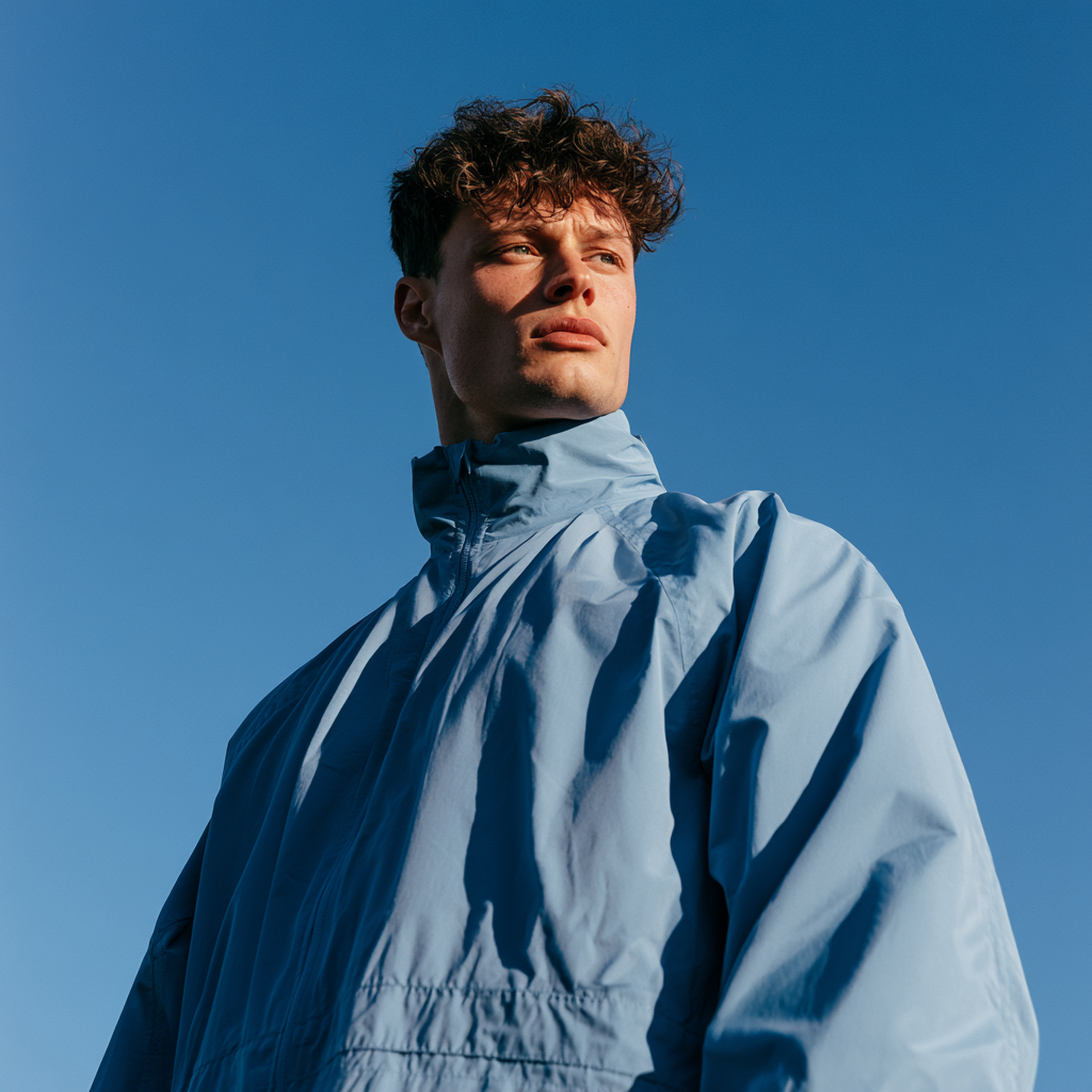 AI-generated man in a light blue jacket against a clear sky
