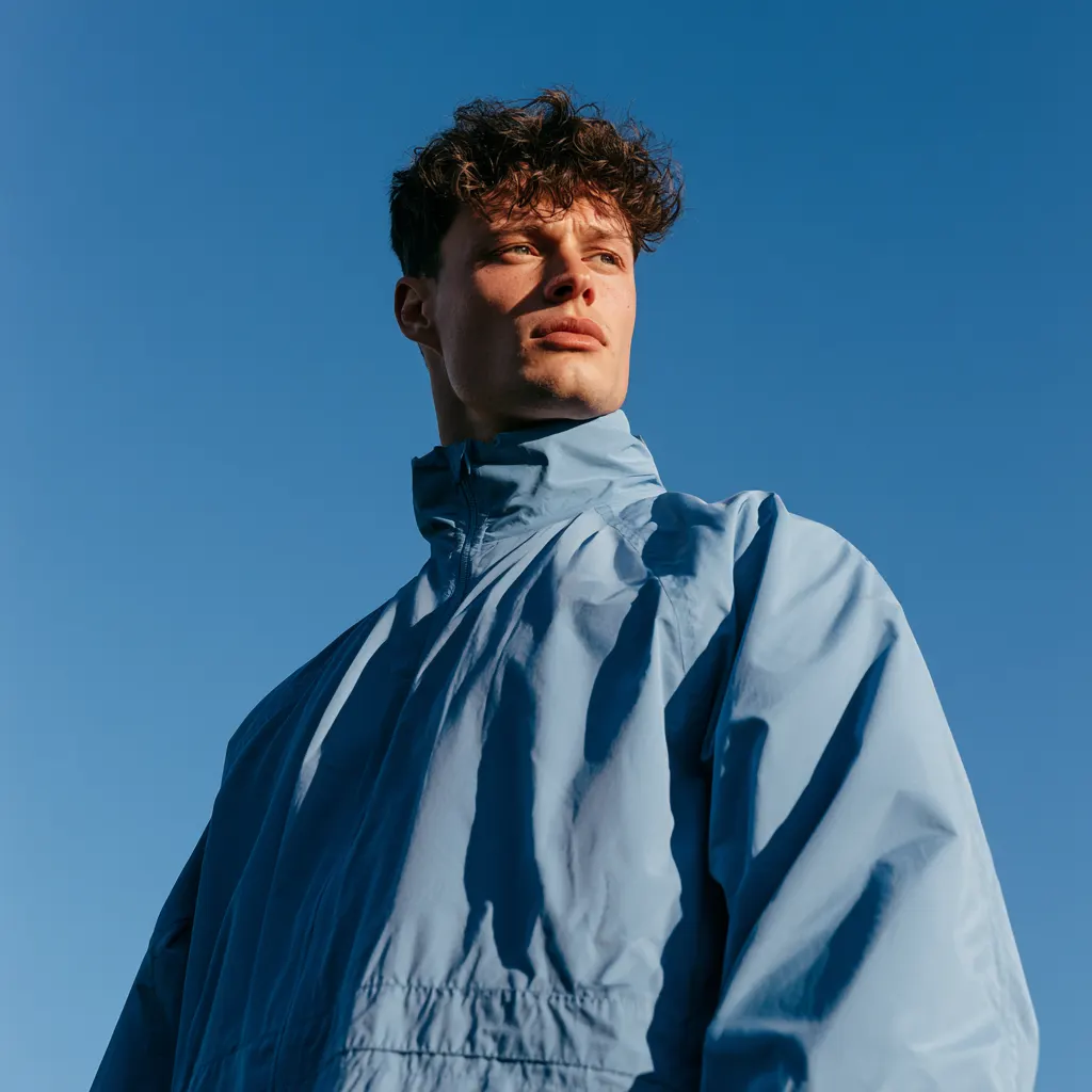 AI-generated man photographed front-on against a clear blue sky