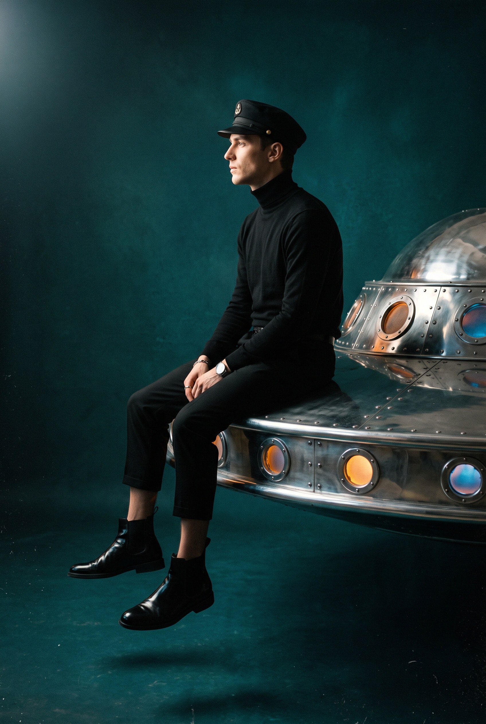 Man in mod black sitting on a chrome sixties flying saucer