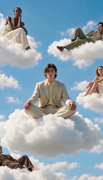 People in pastel suits sitting cross-legged on clouds in a bright blue sky