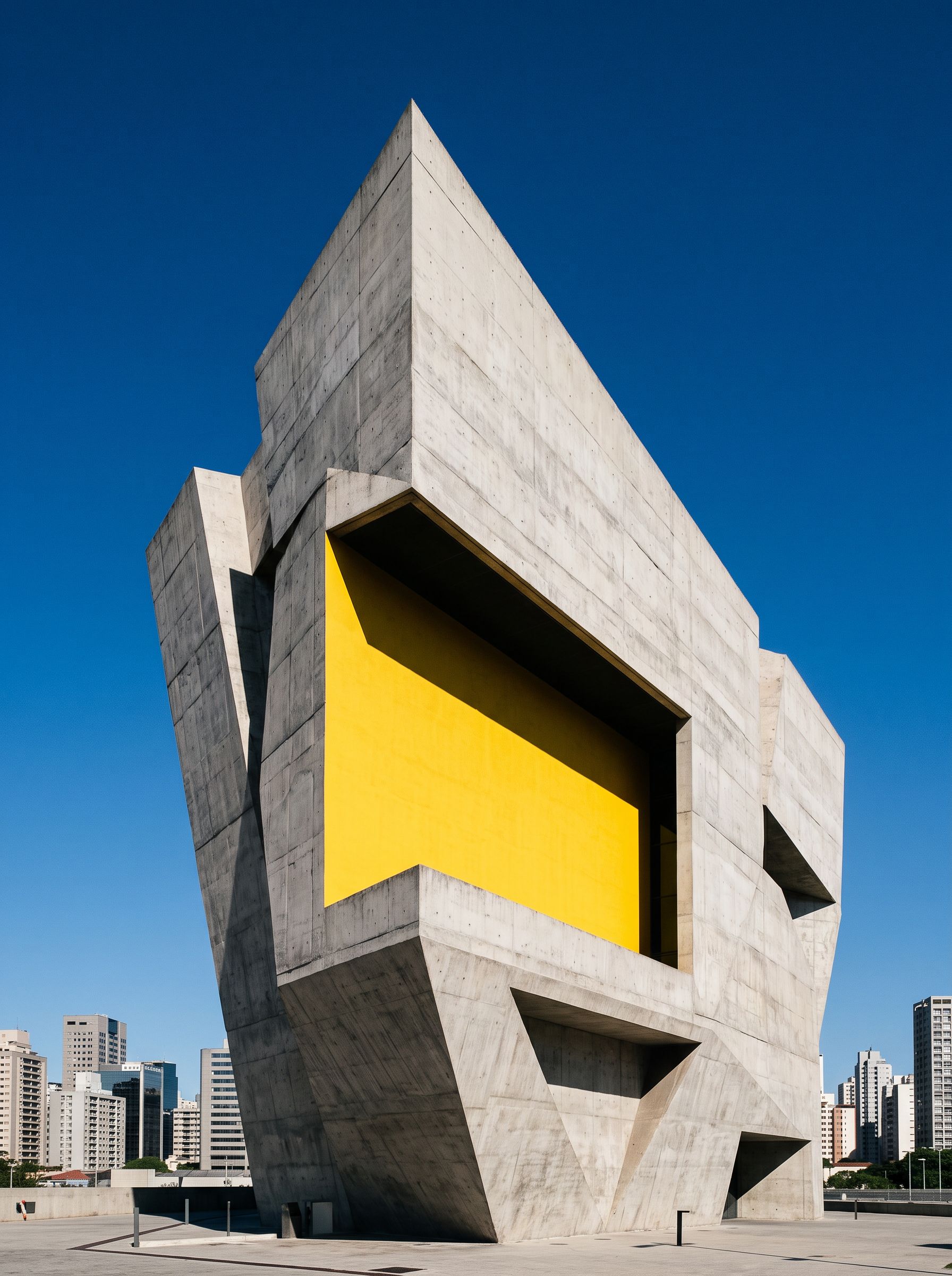 Brutalist concrete building with a yellow accent wall against blue sky