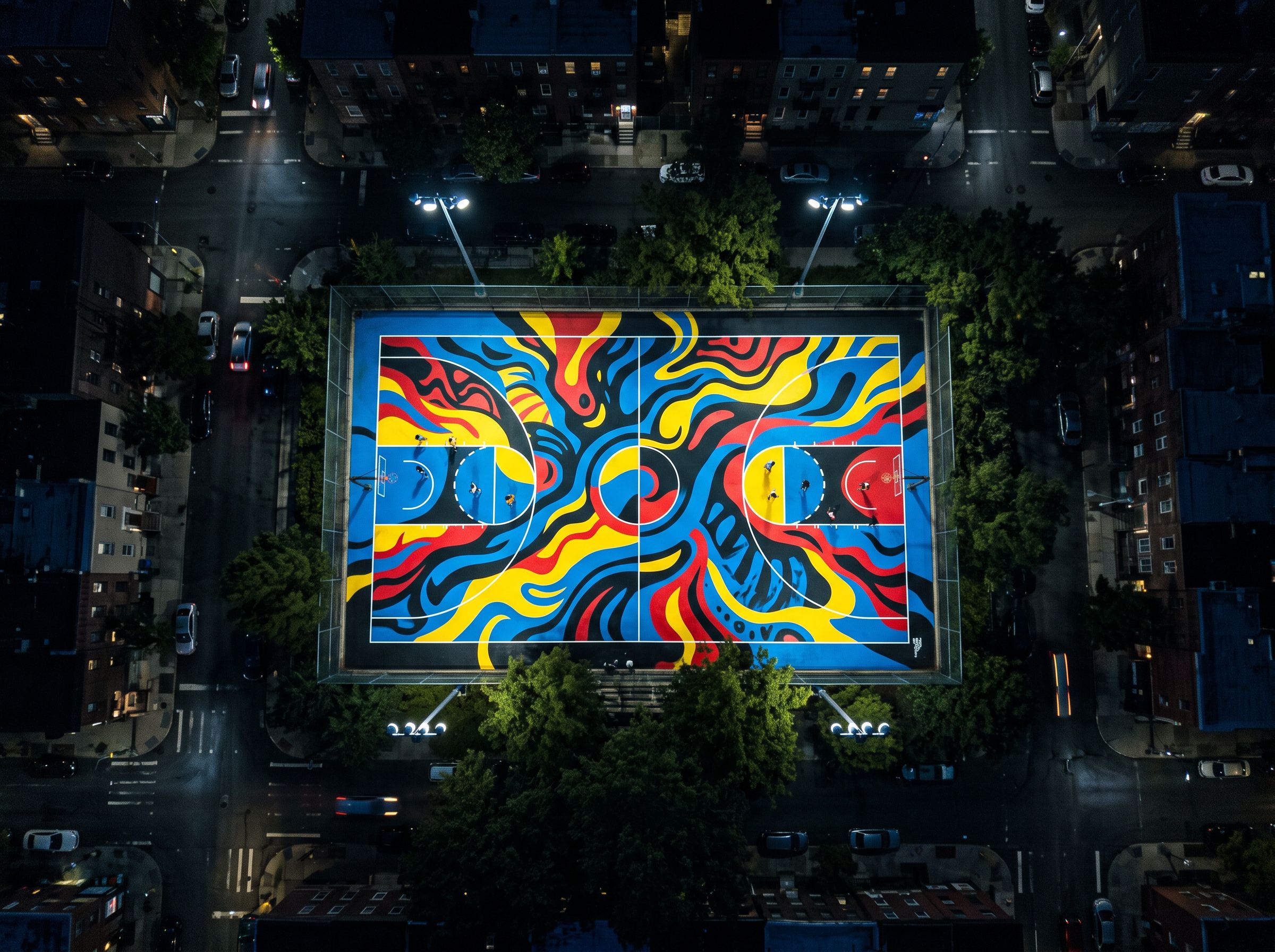 Aerial night view of a basketball court painted as a bold colorful mural