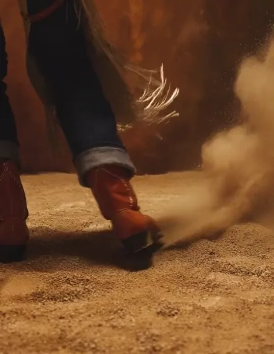 Close-up of red leather cowboy boots kicking up dust on sandy ground