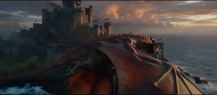 Huge dragon flying toward a coastal citadel at sunset