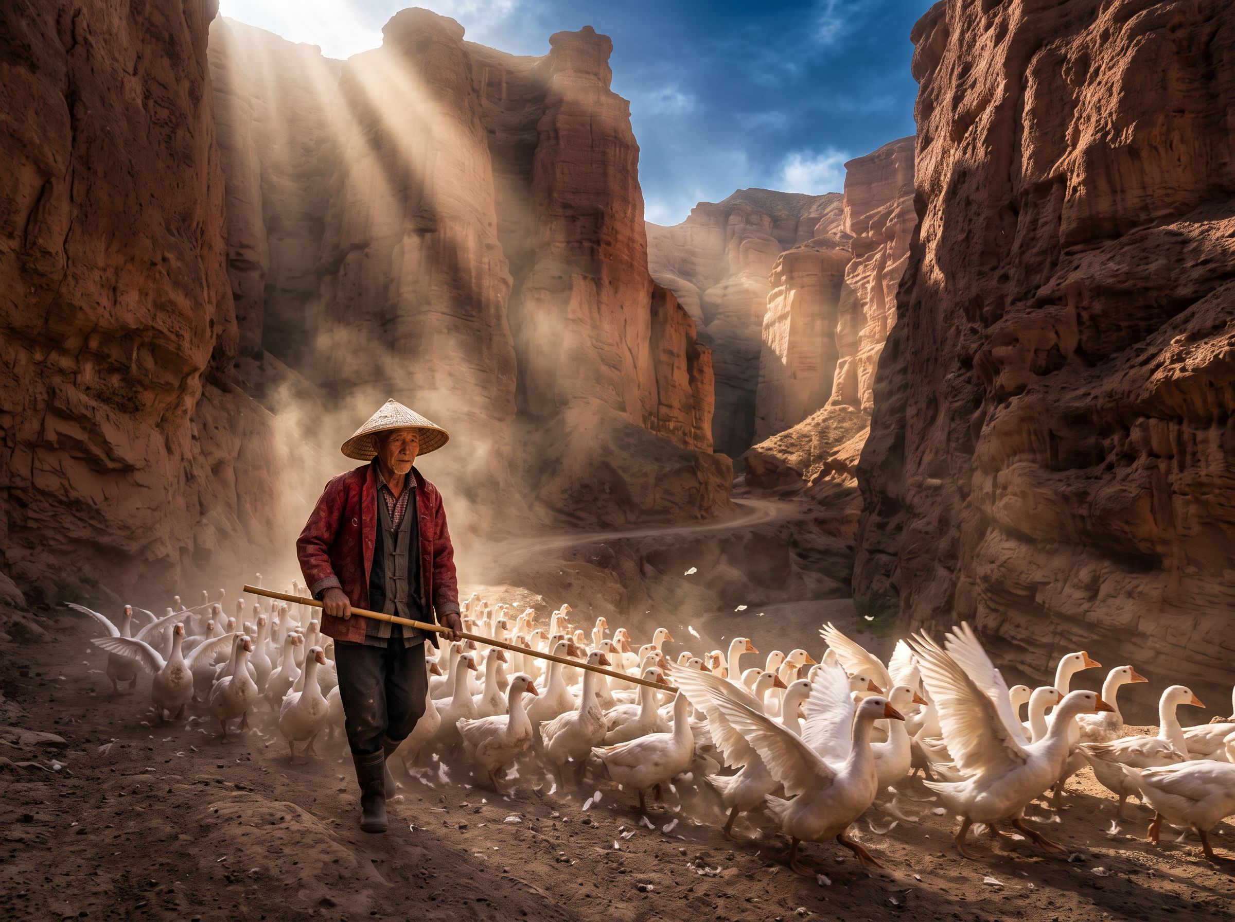 Farmer herding white geese through a sunlit canyon