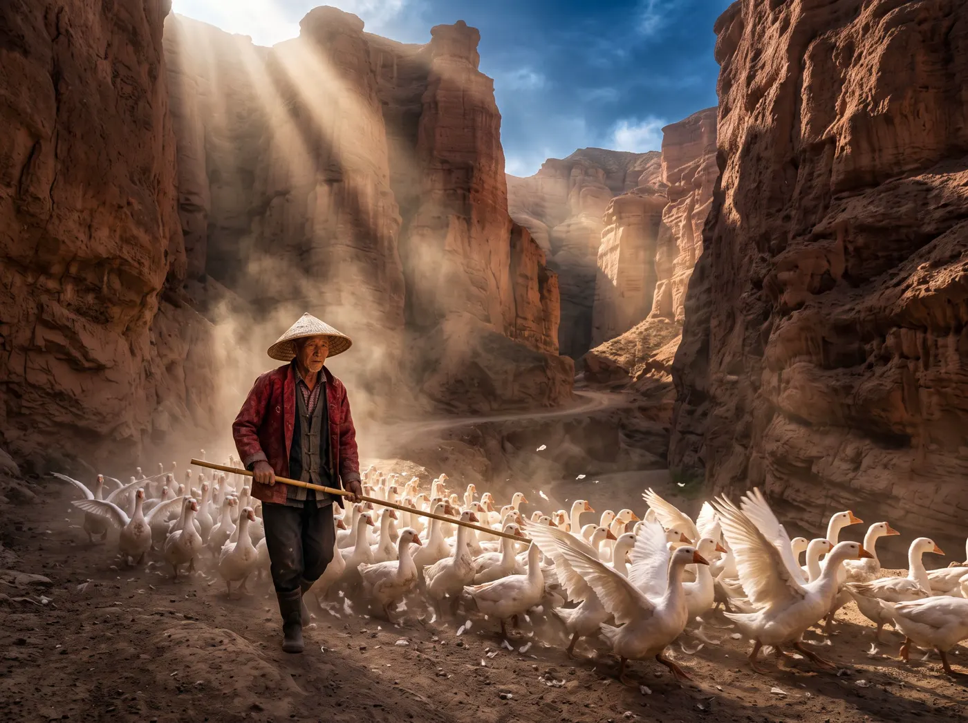 Farmer herding white geese through a sunlit canyon