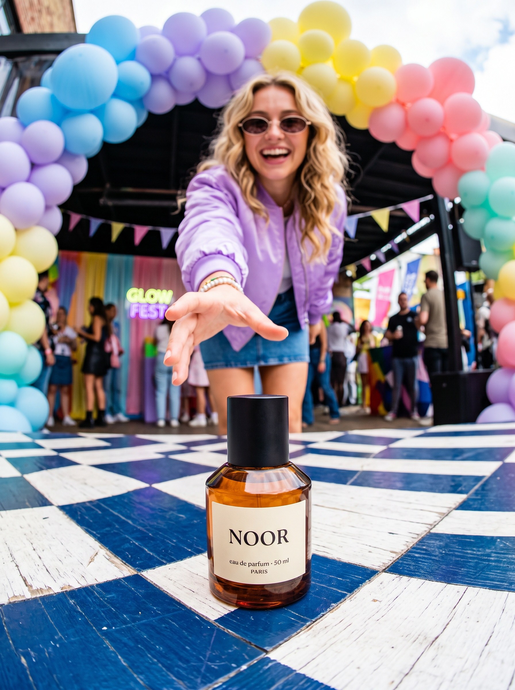 NOOR perfume bottle on a checkered floor with a woman in lavender reaching behind it