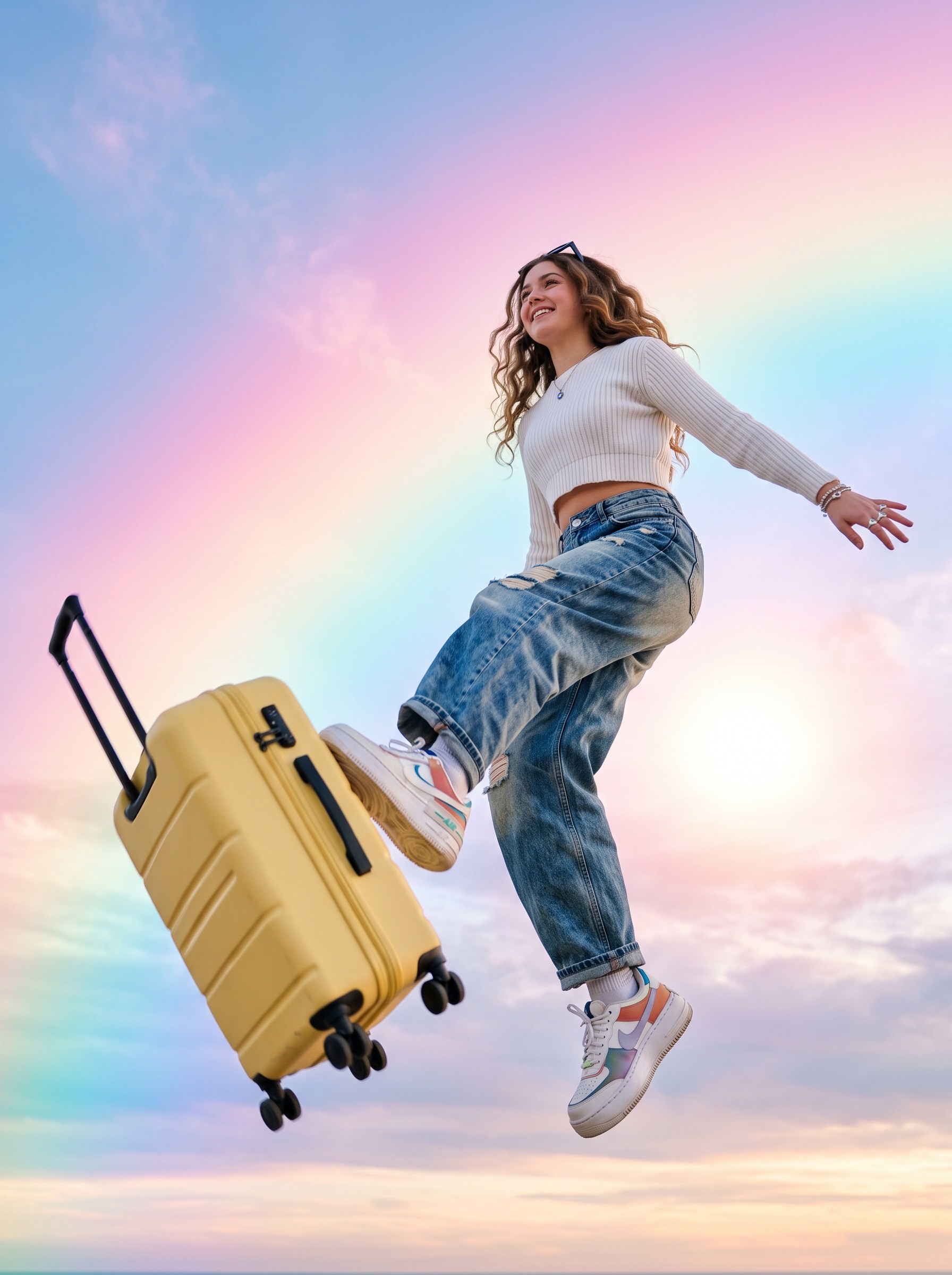 Model floating in a pastel sky kicking a butter-yellow suitcase