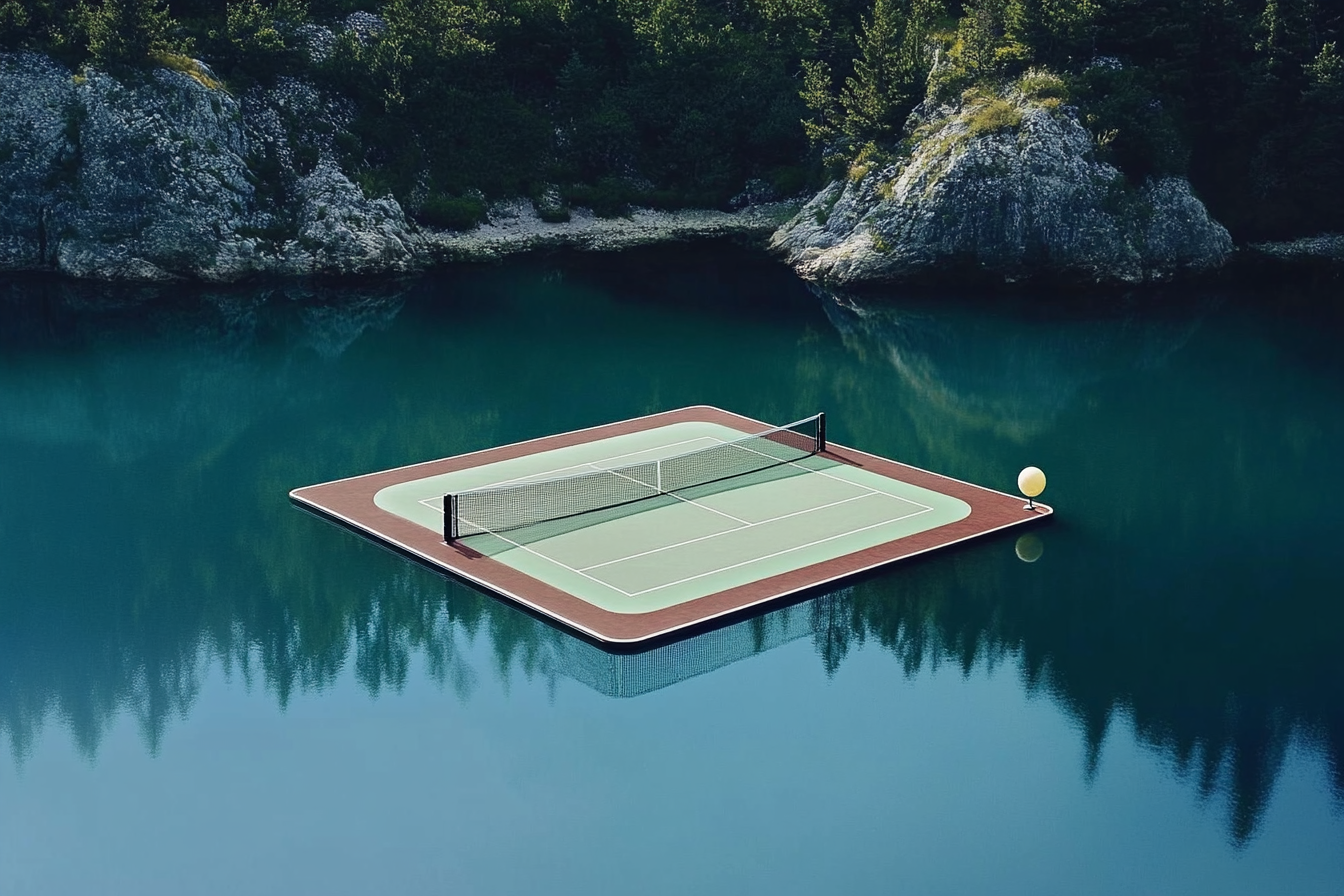 Tennis court floating on a calm mountain lake