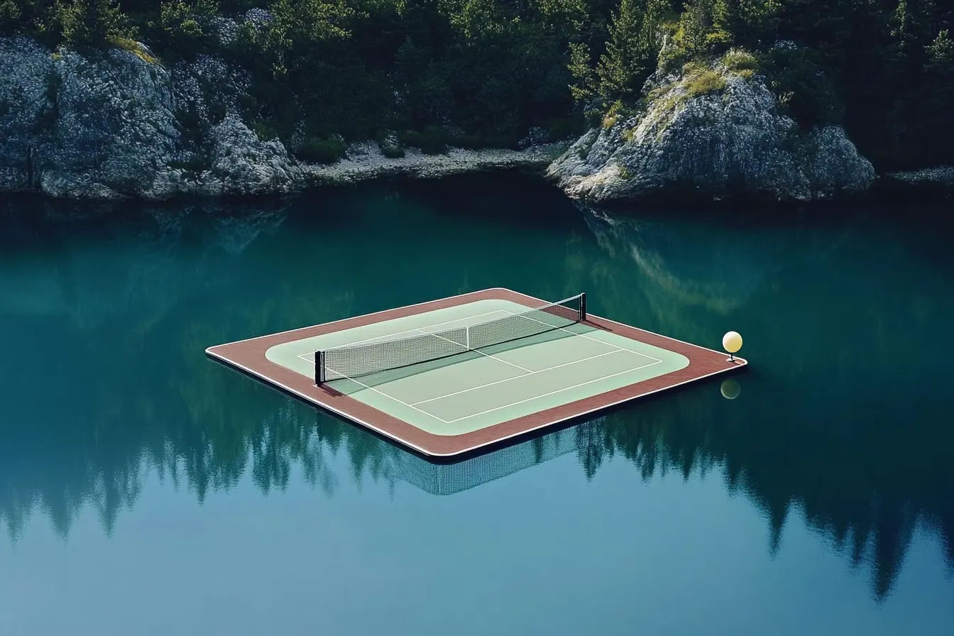 Tennis court floating on a calm mountain lake
