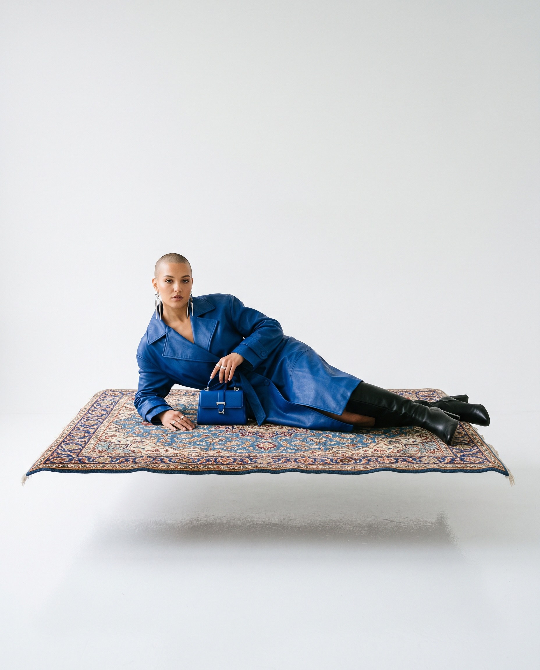 Model in a cobalt leather trench reclining on a levitating Persian carpet