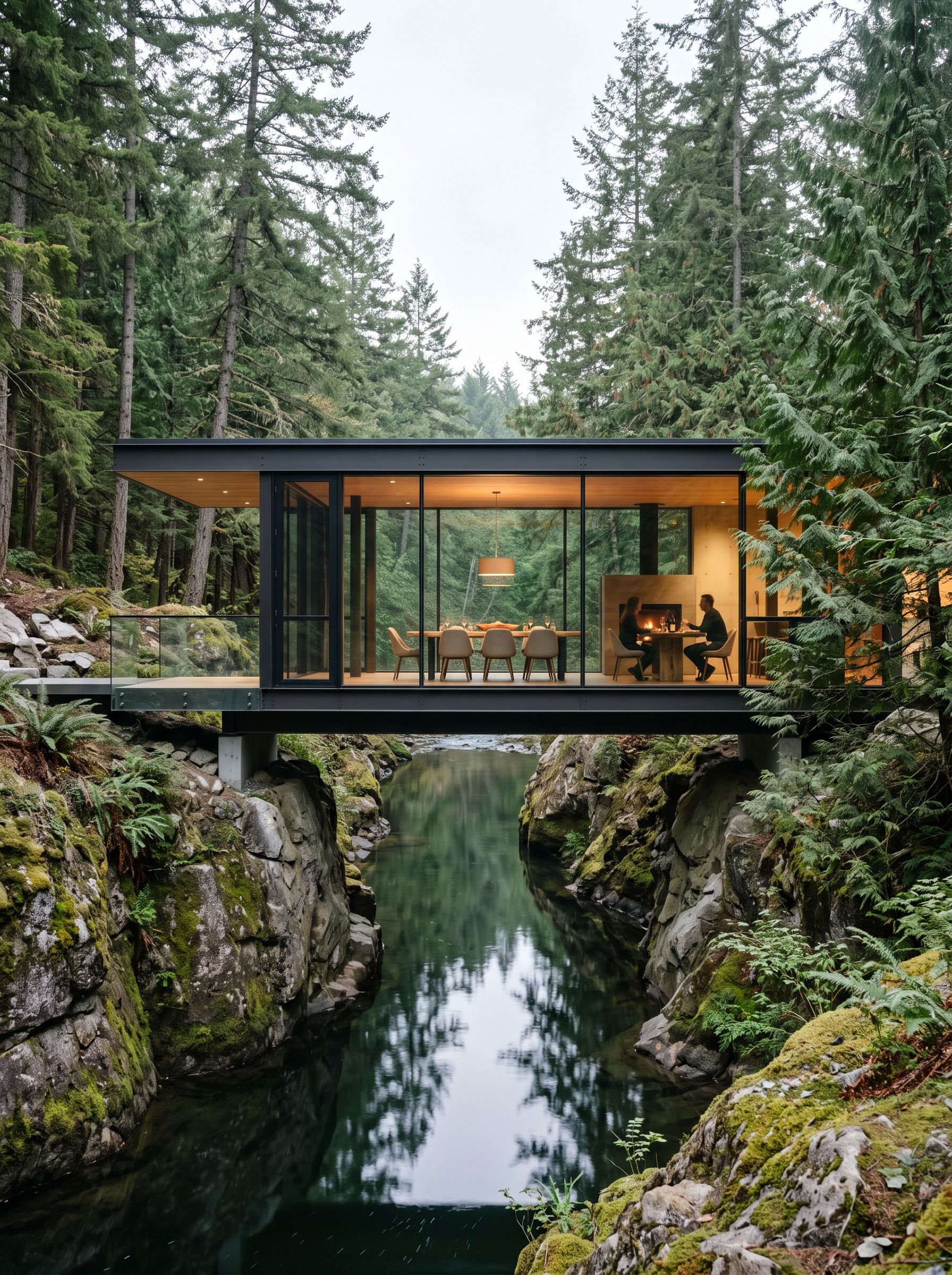 Glass pavilion house spanning a forest river gorge