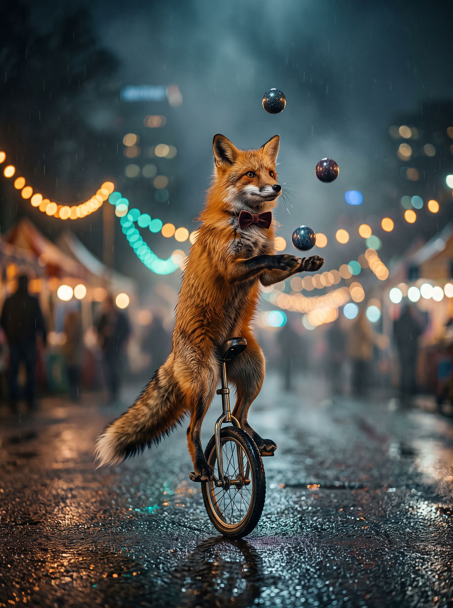 Fox juggling on a unicycle on a bokeh-lit night road