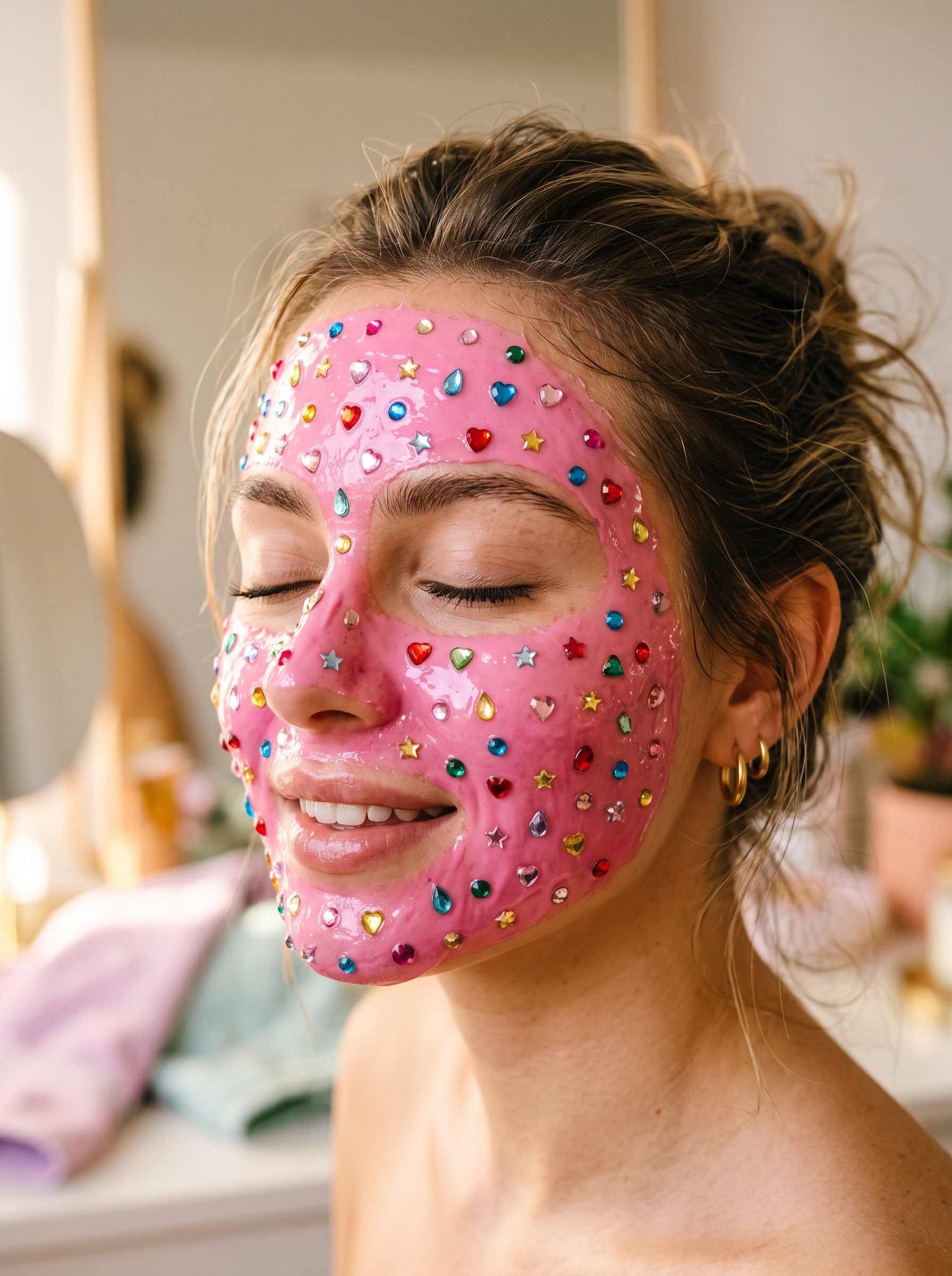 Model wearing a pink face mask studded with colorful rhinestones