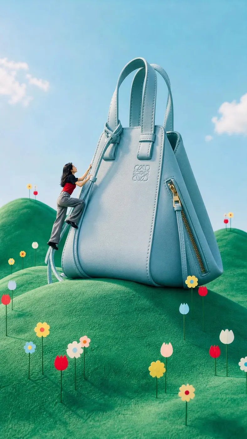 Woman climbing a giant pastel blue handbag on rolling green hills with paper flowers