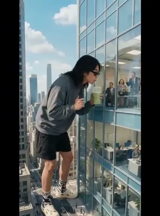 Giant woman in streetwear leaning against a glass office tower sipping iced matcha