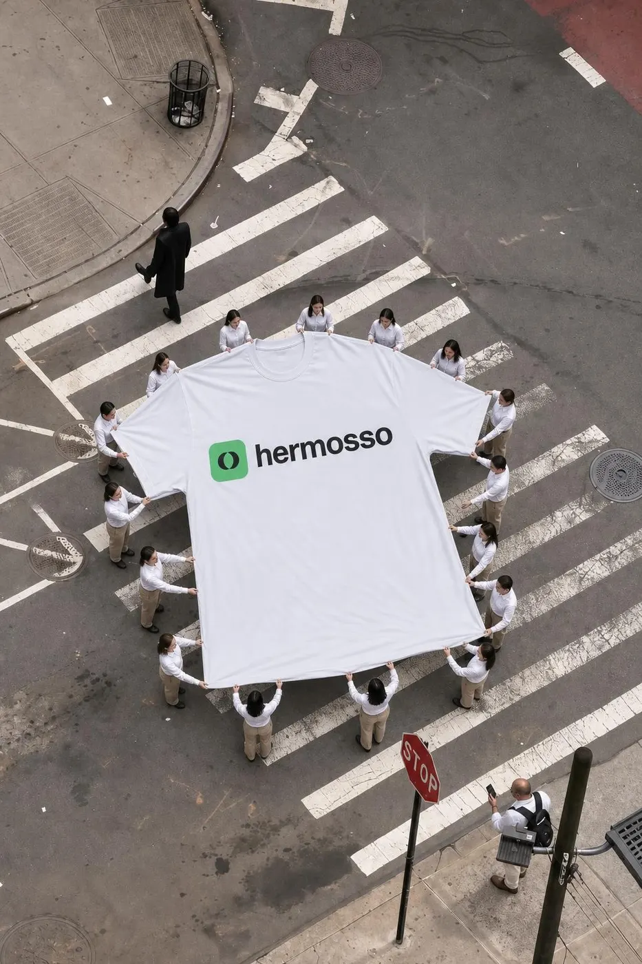 Group carrying a giant white hermosso t-shirt across a city crosswalk, aerial view