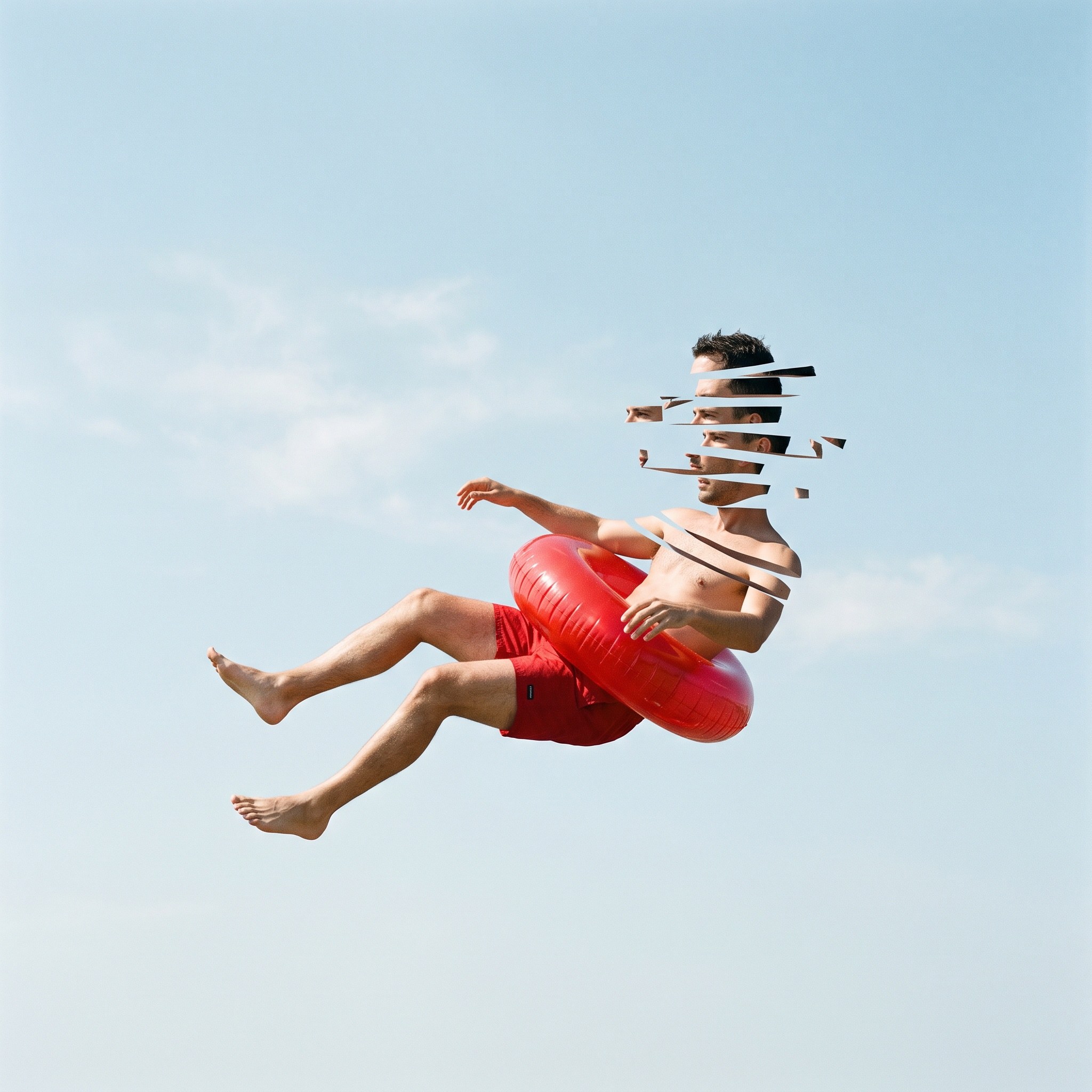 Man falling through the sky with a red pool ring, his torso sliced into glitch strips