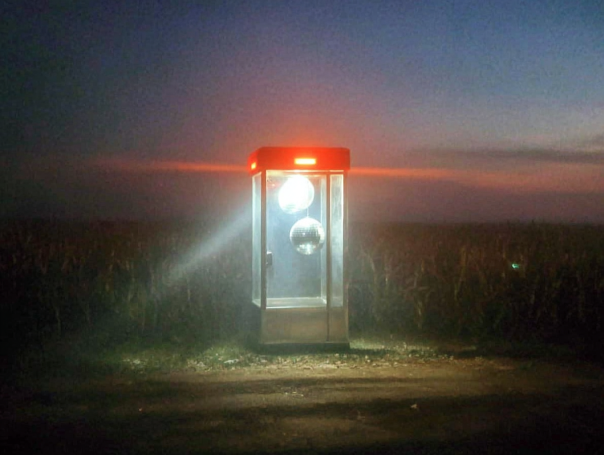 Glowing phone booth with a disco ball in a dark field at dusk