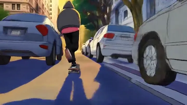 Anime-style skateboarder weaving between parked cars on a sunlit street