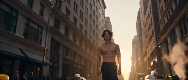 Shirtless man walking down a sunlit city street between tall buildings