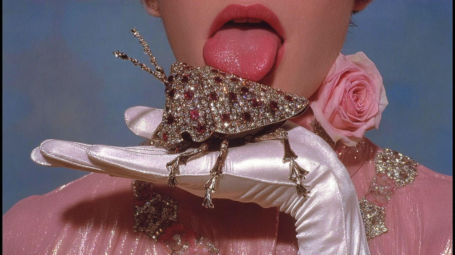 Jeweled insect brooch on a white satin glove beside a pink rose