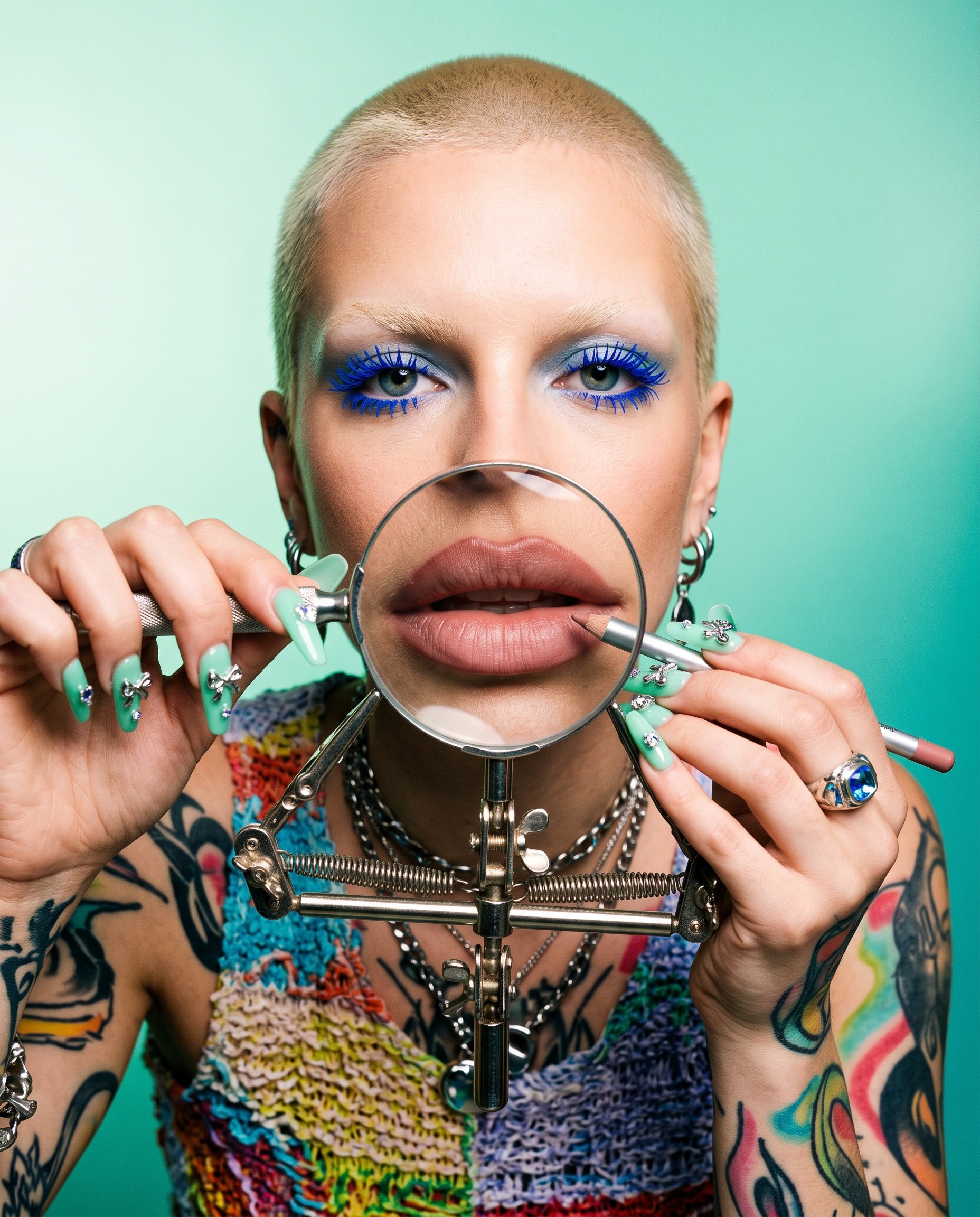Buzzcut model with blue mascara holding a magnifying glass over her lips, mint backdrop