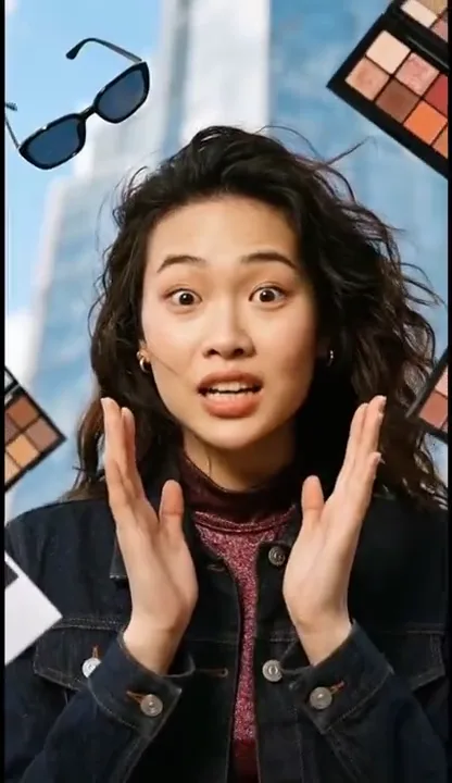Surprised woman in a denim jacket as sunglasses and makeup palettes float around her