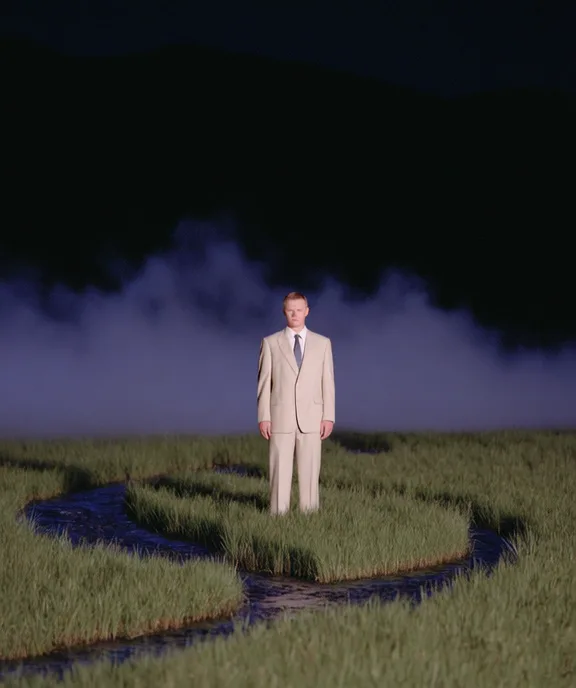 Man in a cream suit standing in a grassy maze at night