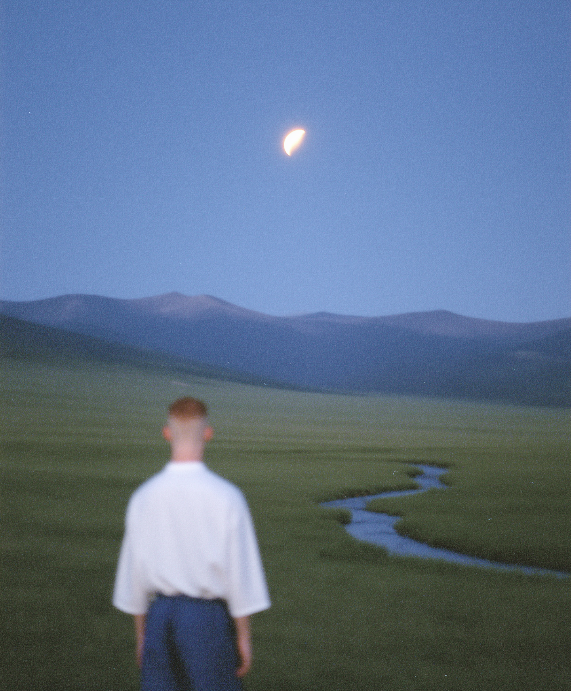 Man in a white shirt standing in a moonlit field with a winding stream